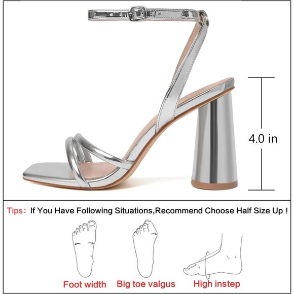 Women's Silver Square Open Toe Strappy Ankle Strap Block Heeled Sandals Shoes - Picture 4 of 9